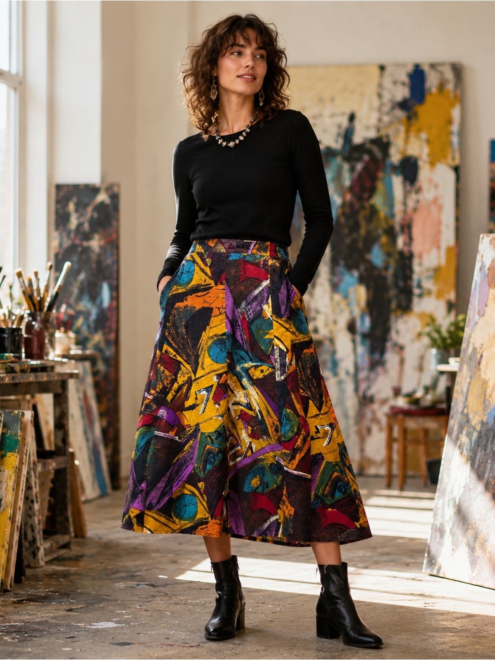 Vintage Abstract Art Print Midi Skirt Boho Artsy Maximalist Colourful small